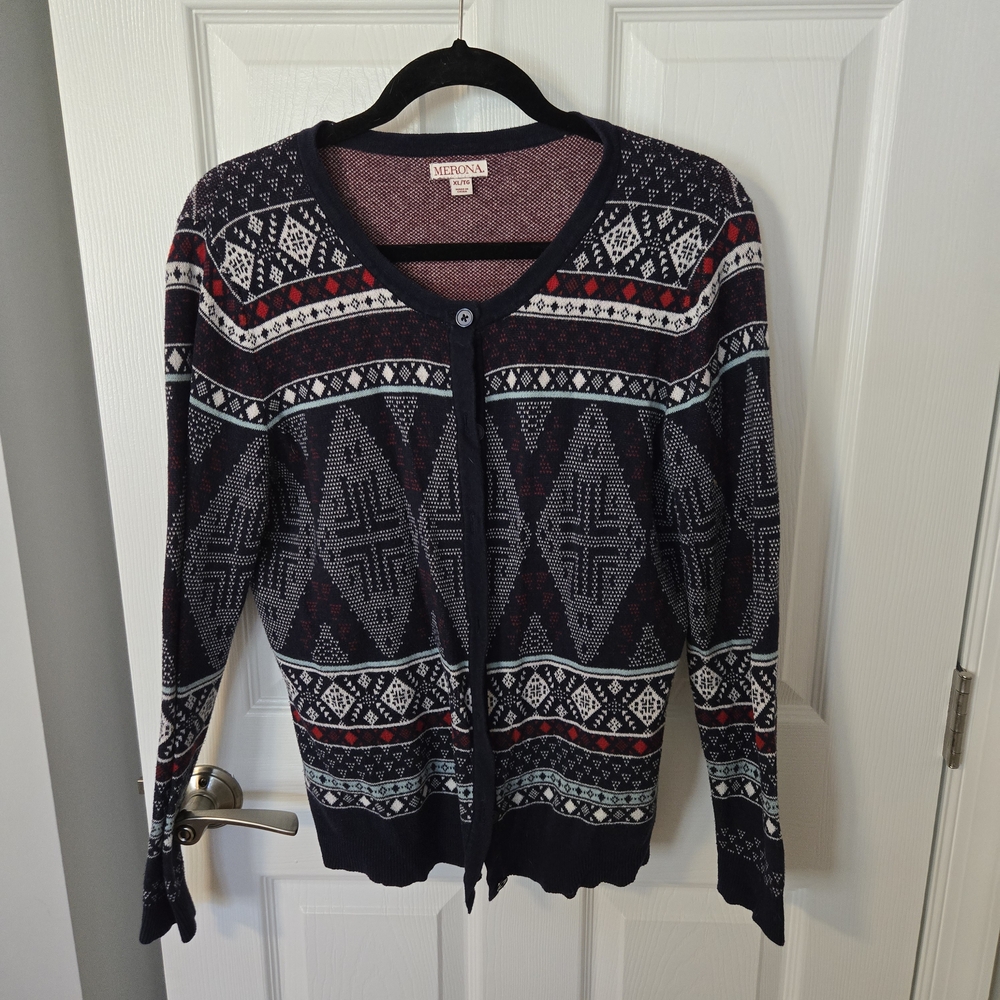 Merona Navy Fair Isle Cardigan with Red and Light Blue Accents